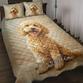 Goldendoodle quilt blanket displayed on a bed with a large curly dog portrait and coordinating pillow artwork