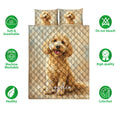 Goldendoodle quilt bedding set with matching dog portrait pillows and soft breathable feature icons