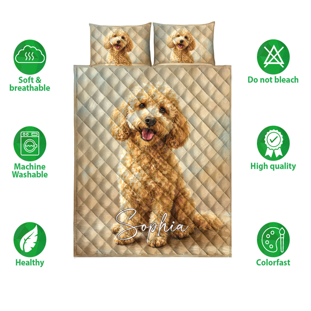 Goldendoodle quilt bedding set with matching dog portrait pillows and soft breathable feature icons