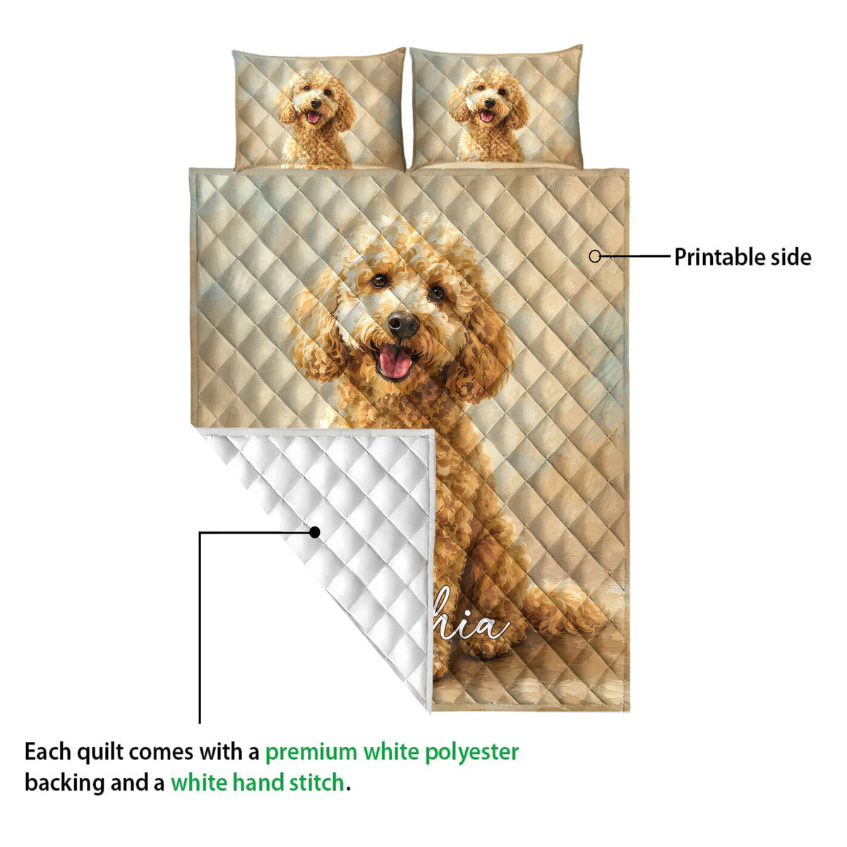 Goldendoodle quilt blanket showing the printed front design and white quilted backing detail