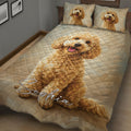 Goldendoodle quilt bedding set in a warm bedroom featuring a playful curly-haired dog portrait