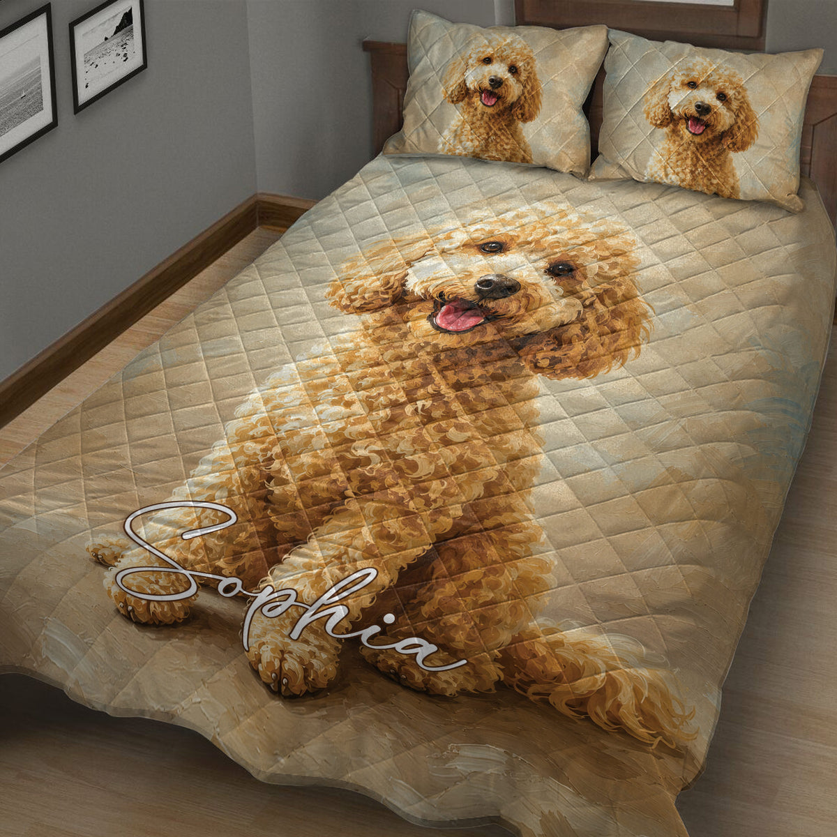 Goldendoodle quilt bedding set in a warm bedroom featuring a playful curly-haired dog portrait