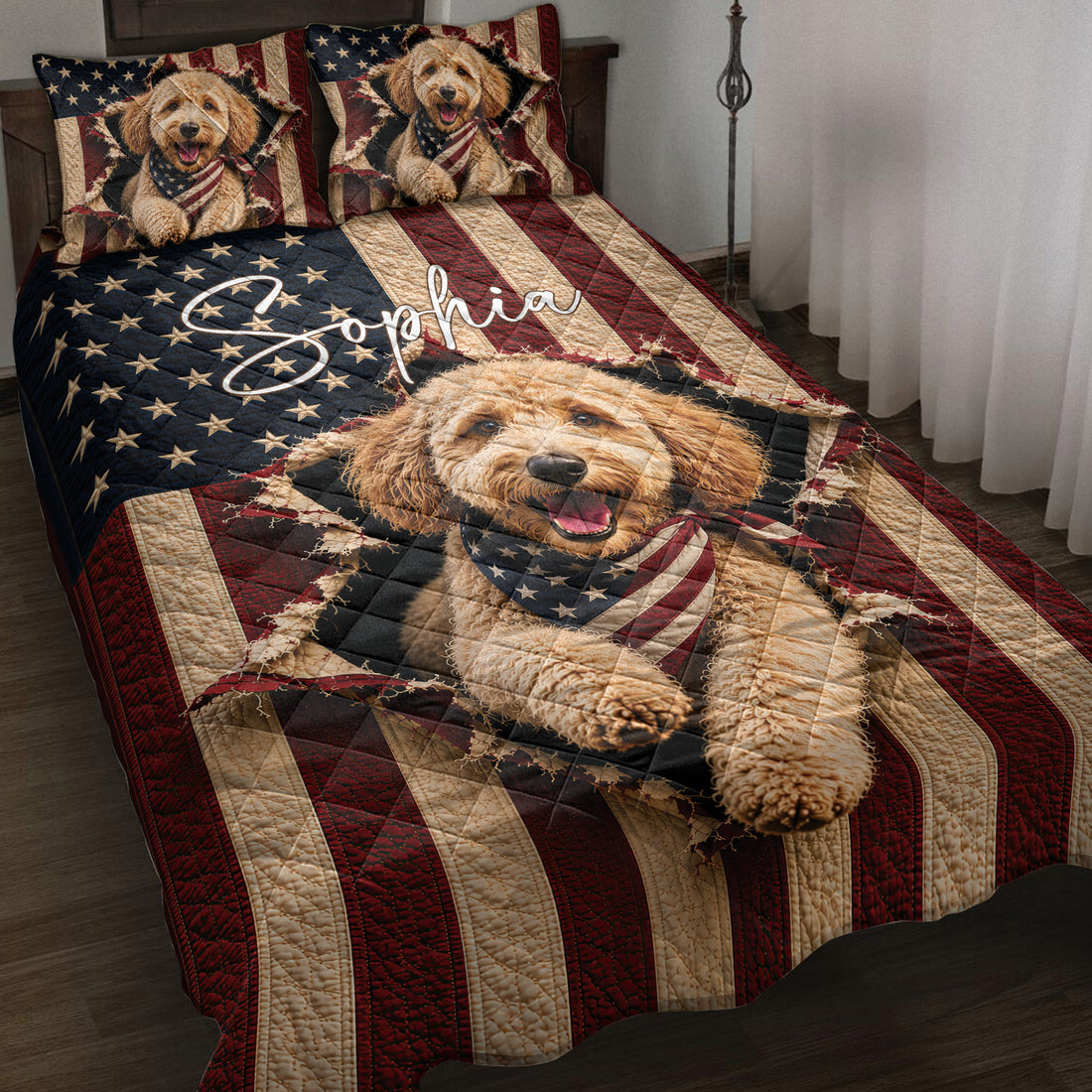 Goldendoodle quilt blanket displayed on a bed with patriotic stars and red, white, and blue artwork