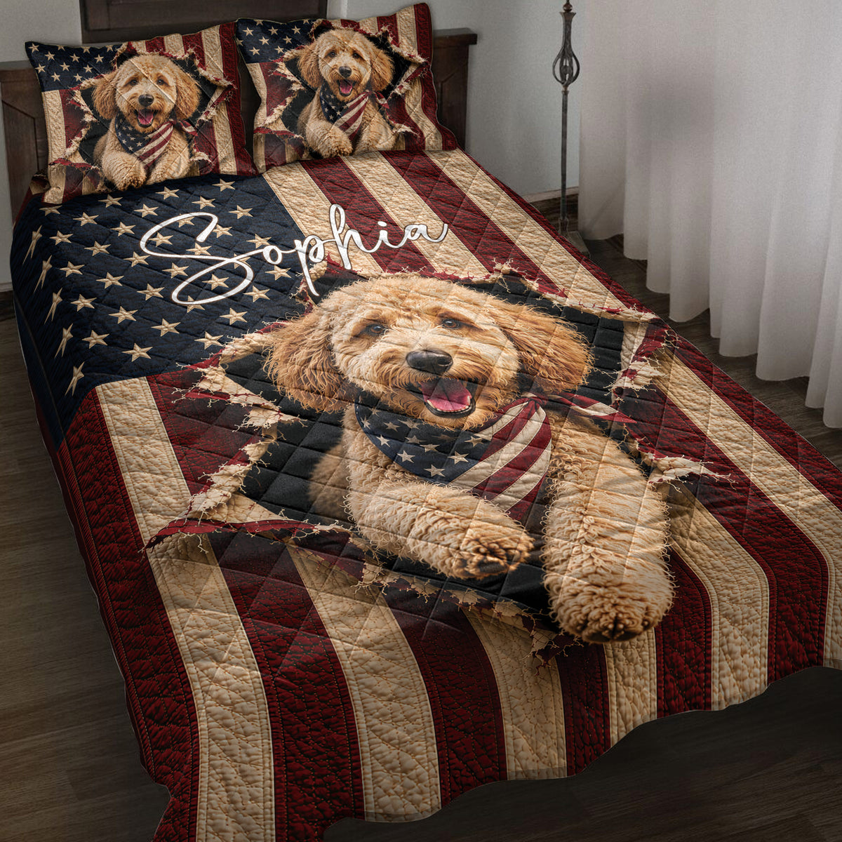 Goldendoodle quilt blanket displayed on a bed with patriotic stars and red, white, and blue artwork