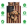 Goldendoodle quilt bedding set shown with patriotic artwork and product feature icons