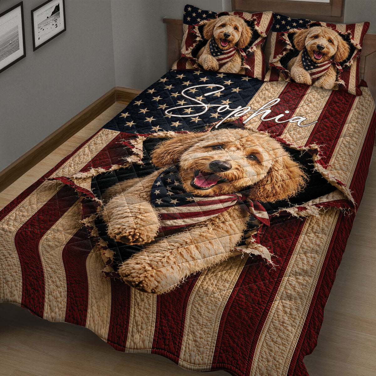 Close bedroom view of a Goldendoodle quilt blanket with stars and red, white, and blue stripes