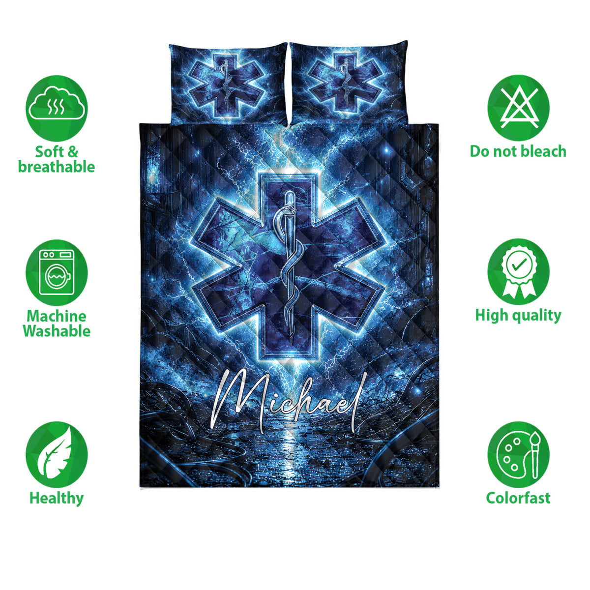 Paramedic quilt bedding set shown with blue Star of Life artwork and feature icons around the design