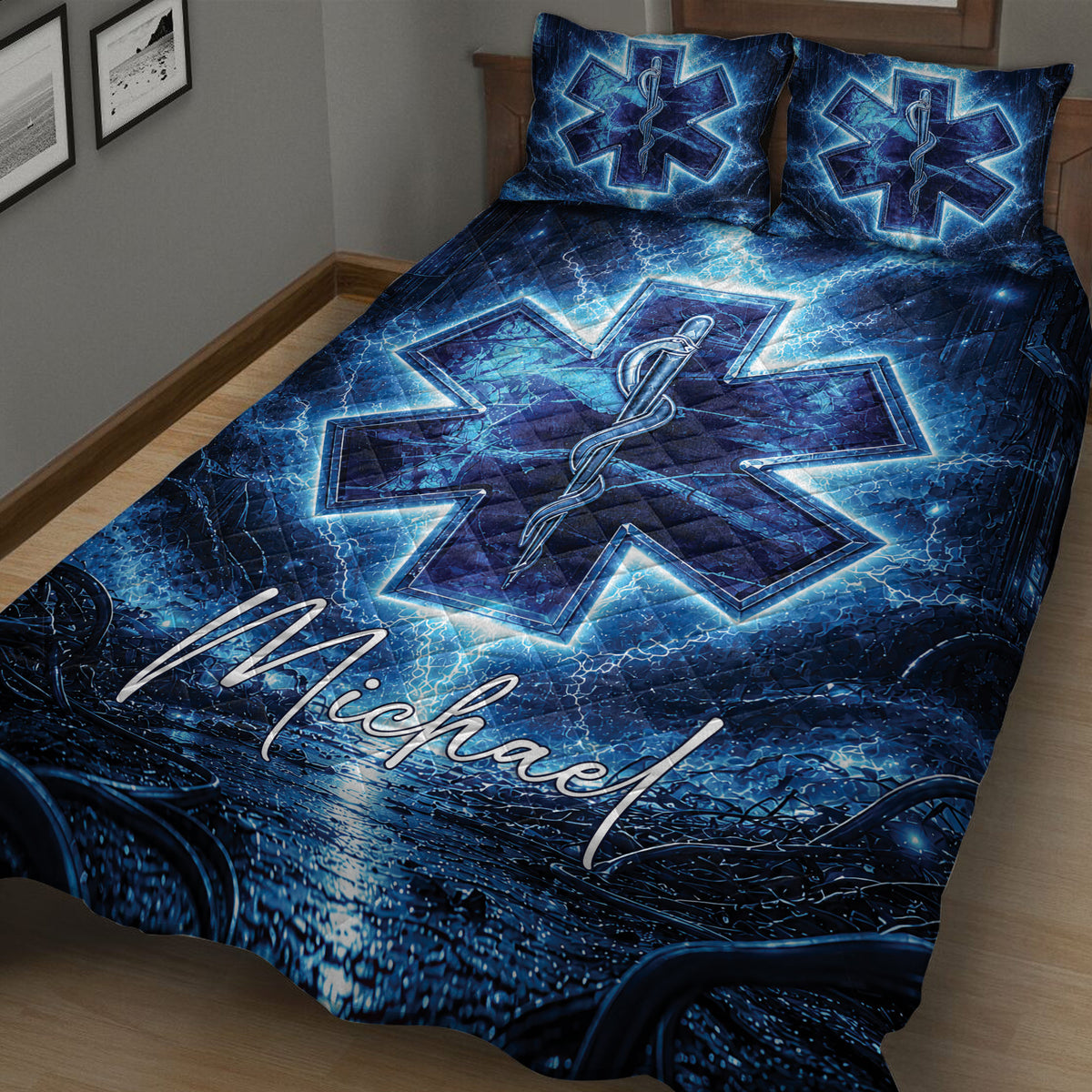 Angled bedroom view of a blue paramedic quilt blanket with illuminated medical emblem design