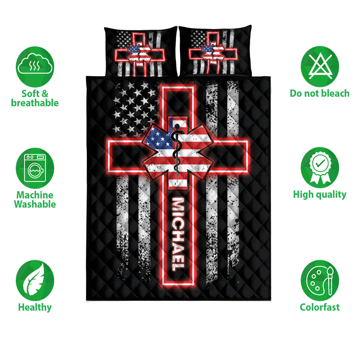 Paramedic quilt bedding set shown with Star of Life artwork and black, red, white, and blue design