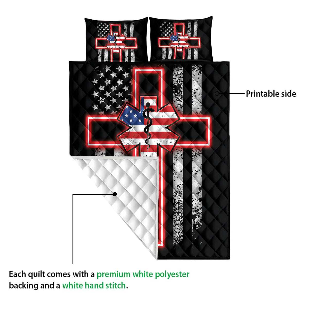 Paramedic quilt showing the printed front, white backing, and quilted construction detail