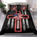 Paramedic quilt blanket styled in a bedroom with patriotic EMS artwork and matching bed accents