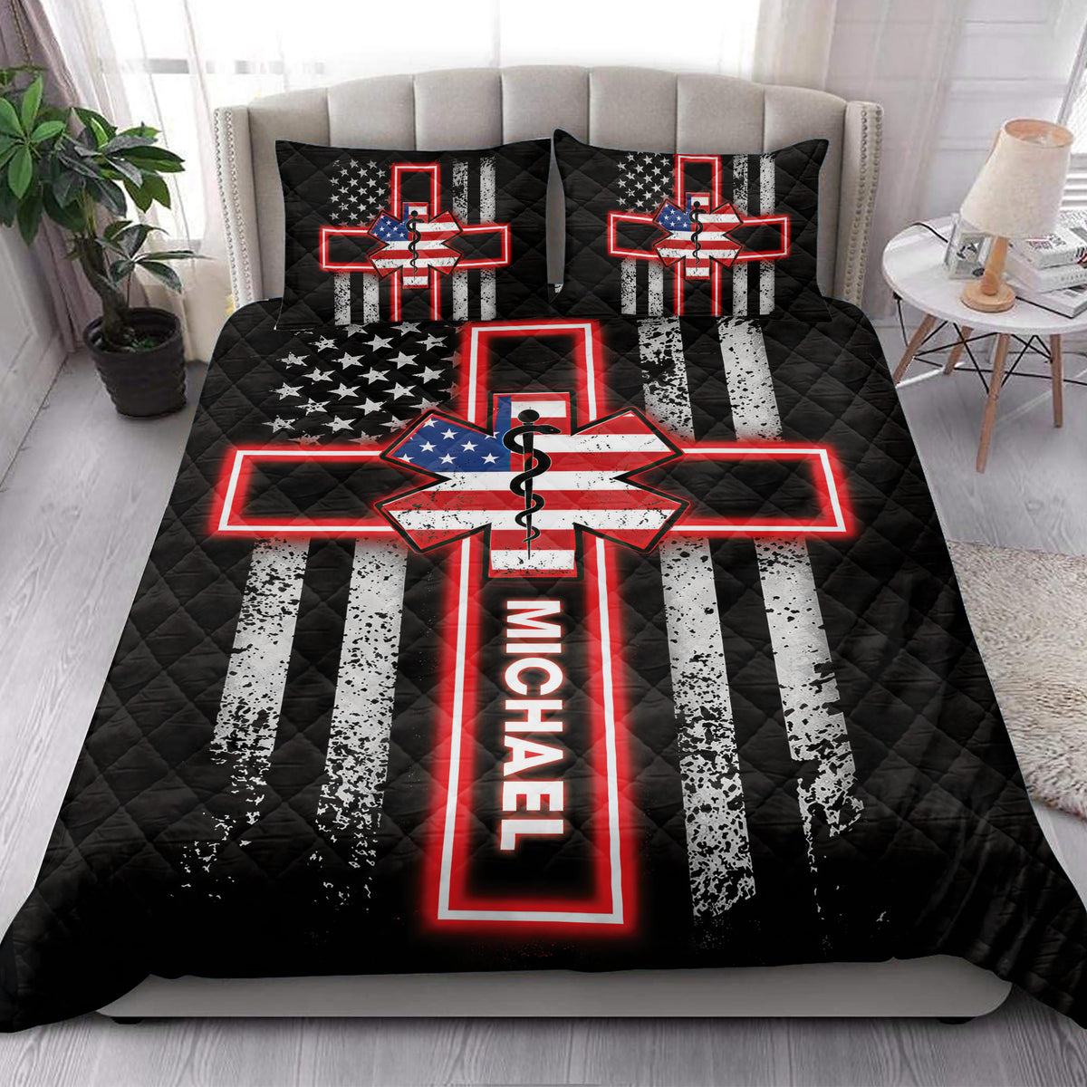 Paramedic quilt blanket styled in a bedroom with patriotic EMS artwork and matching bed accents