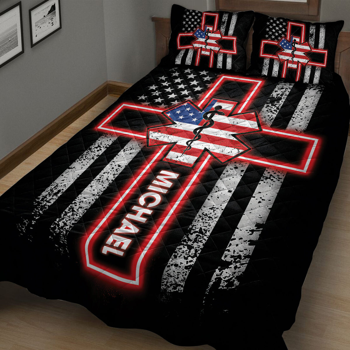 Angled bedroom view of a black paramedic quilt with distressed stripes and Star of Life design