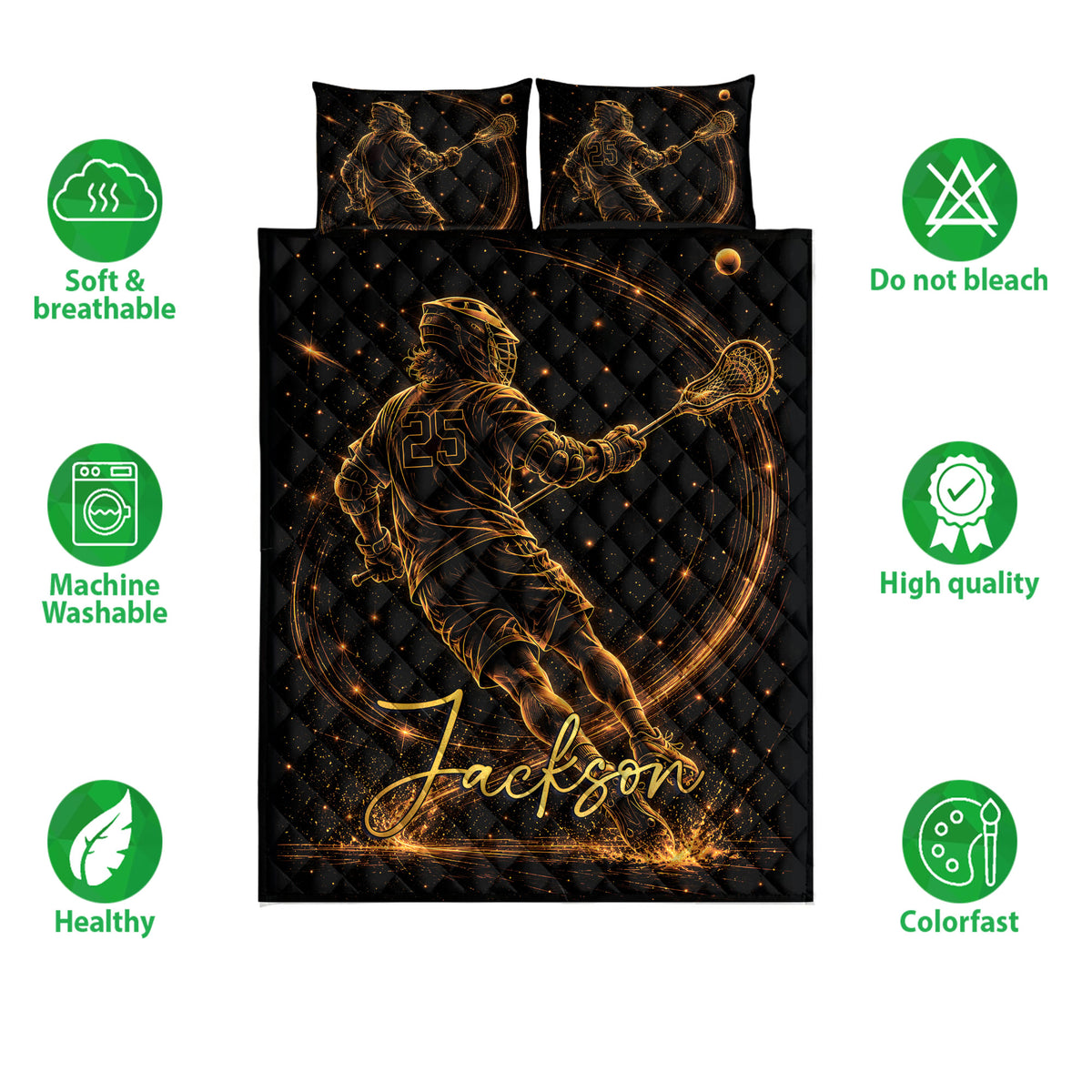 Lacrosse quilt bedding set shown front-facing with black and gold player artwork