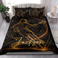 Lacrosse player quilt bedding styled in a bright bedroom with black and gold artwork