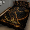 Close bedroom view of a black lacrosse quilt blanket with dynamic golden player artwork