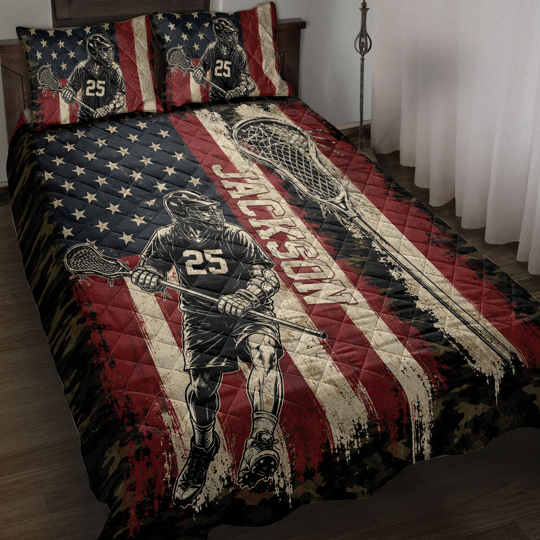 Lacrosse quilt blanket spread across a bed with patriotic flag artwork, players, sticks, and goal imagery