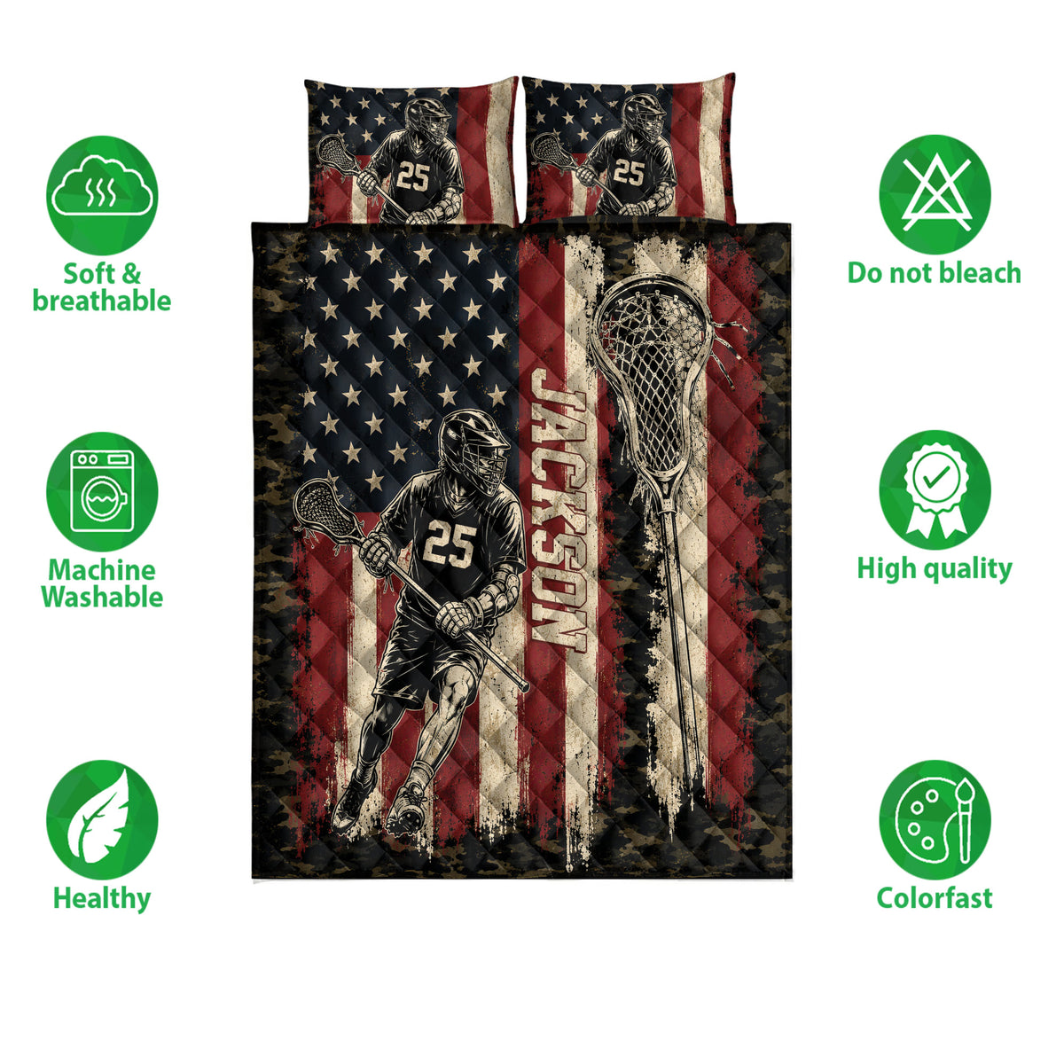 Lacrosse quilt bedding set displayed against a white background with bold patriotic sports artwork