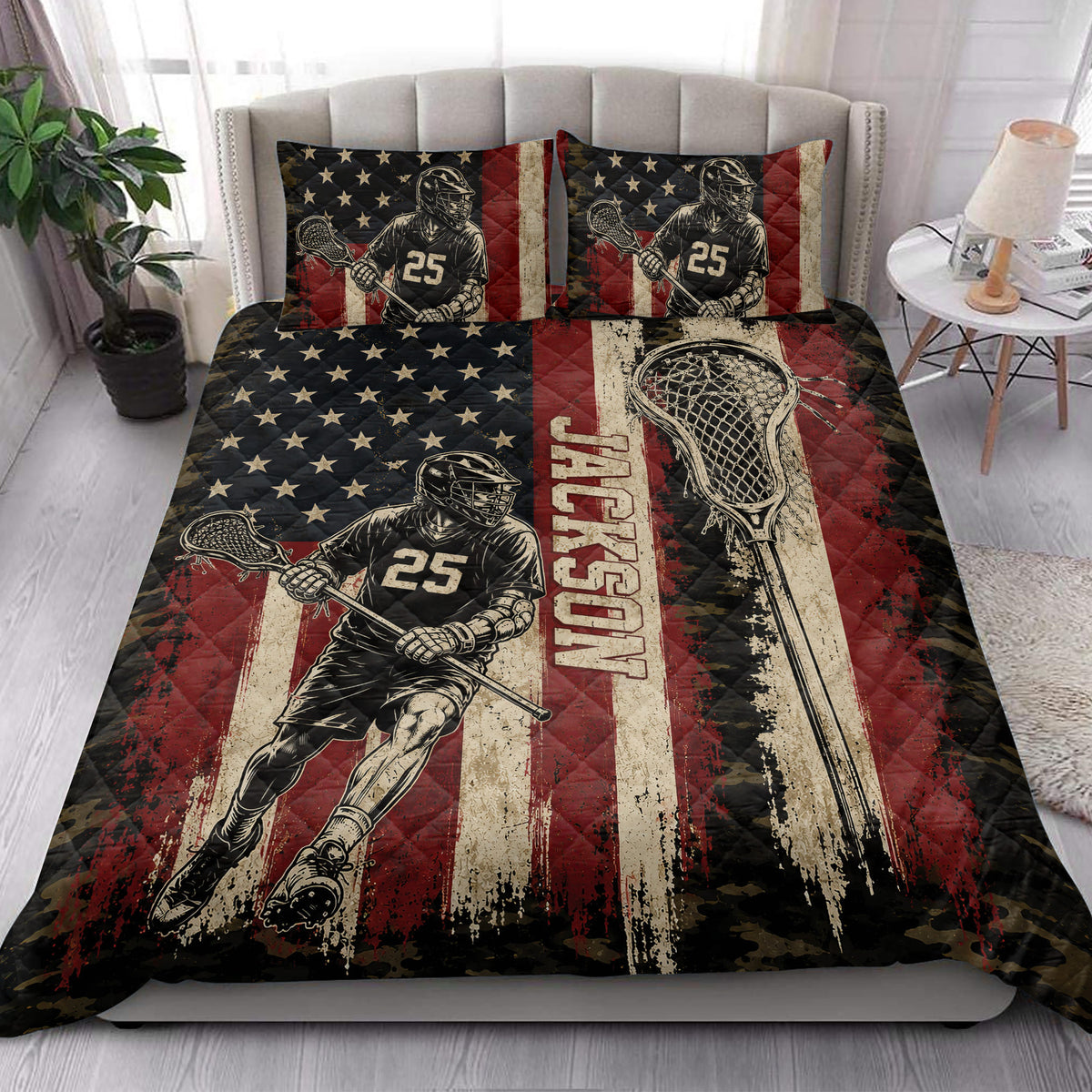Patriotic lacrosse quilt blanket styled on a bright bedroom bed with player and goal artwork