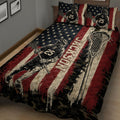 Close bedroom view of a lacrosse quilt blanket featuring players, lacrosse sticks, and distressed flag stripes