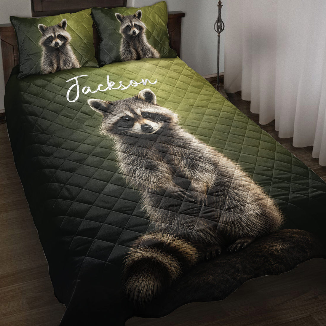 Raccoon quilt blanket displayed on a bed with matching raccoon pillow designs in dark green tones