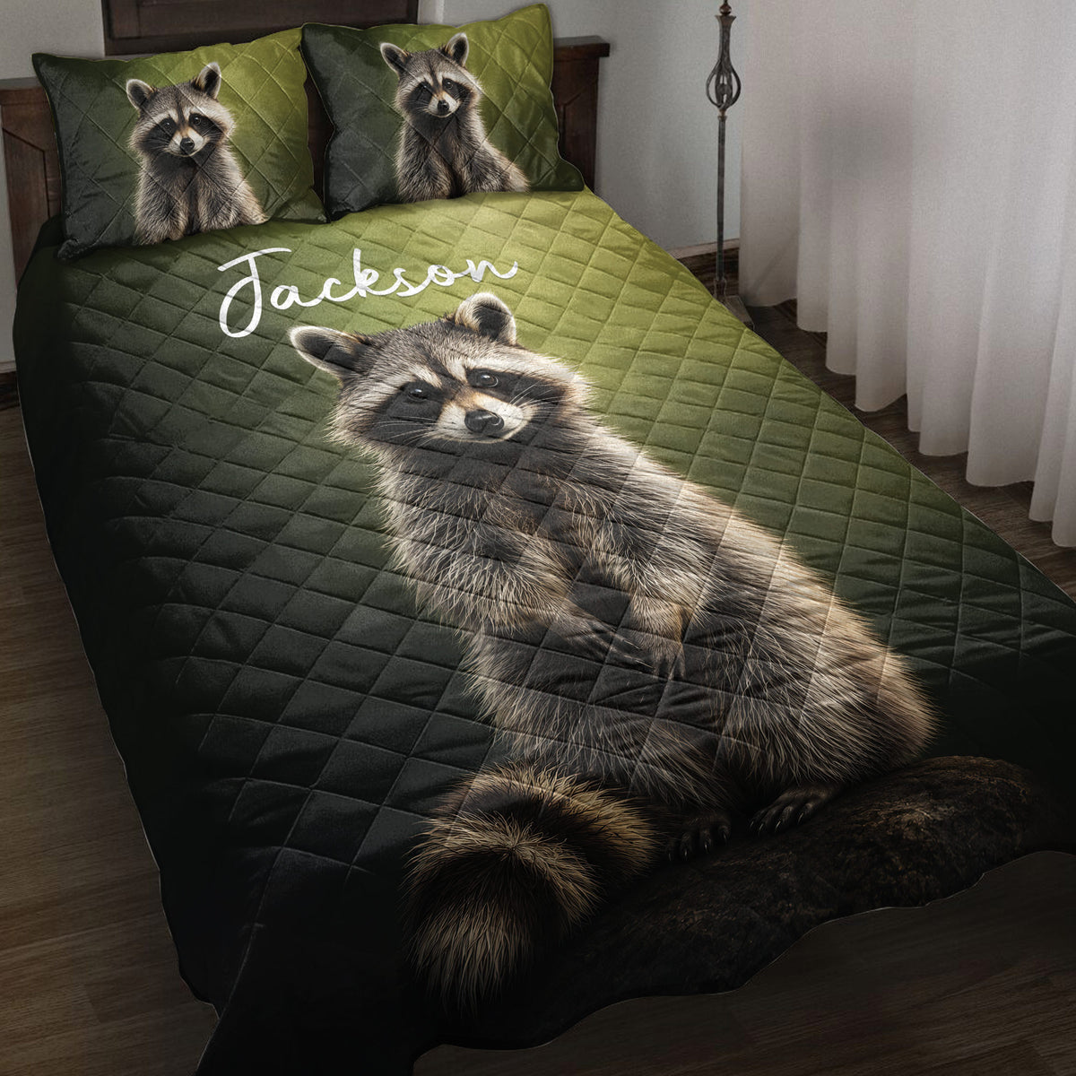 Raccoon quilt blanket displayed on a bed with matching raccoon pillow designs in dark green tones