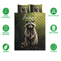 Raccoon quilt bedding set shown with matching pillow designs and soft breathable product feature icons