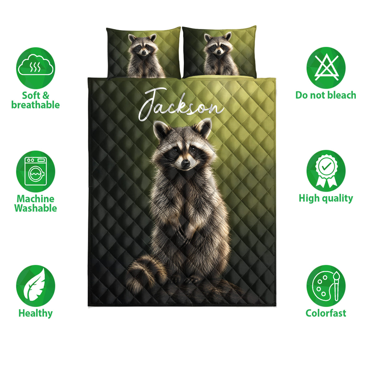 Raccoon quilt bedding set shown with matching pillow designs and soft breathable product feature icons