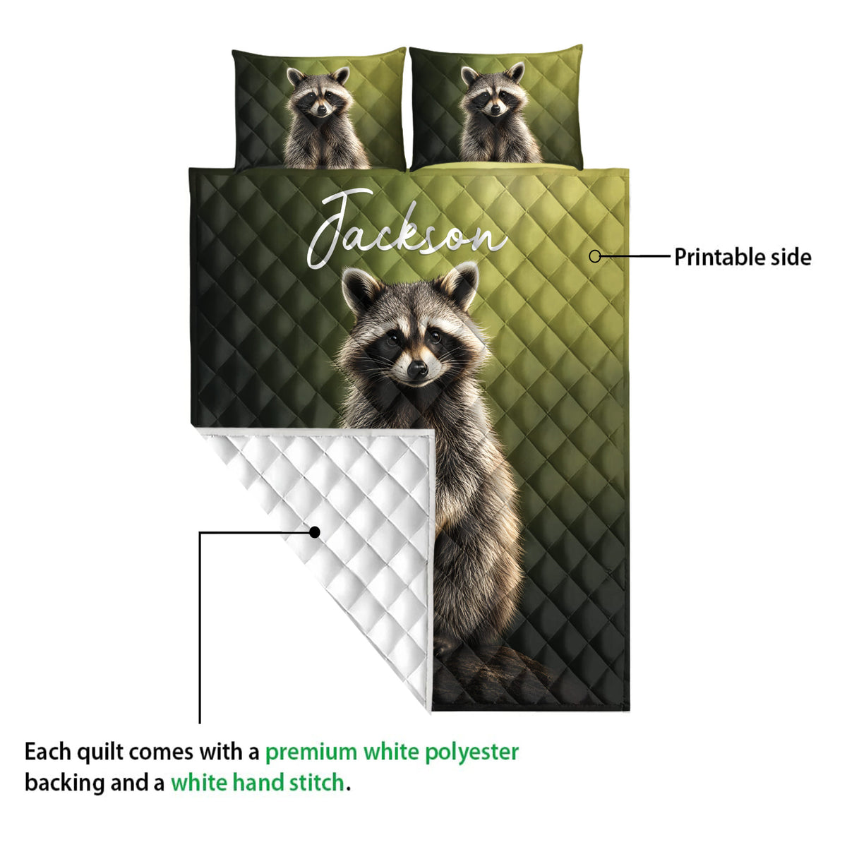 Raccoon quilt blanket showing the printed front and white quilted backing