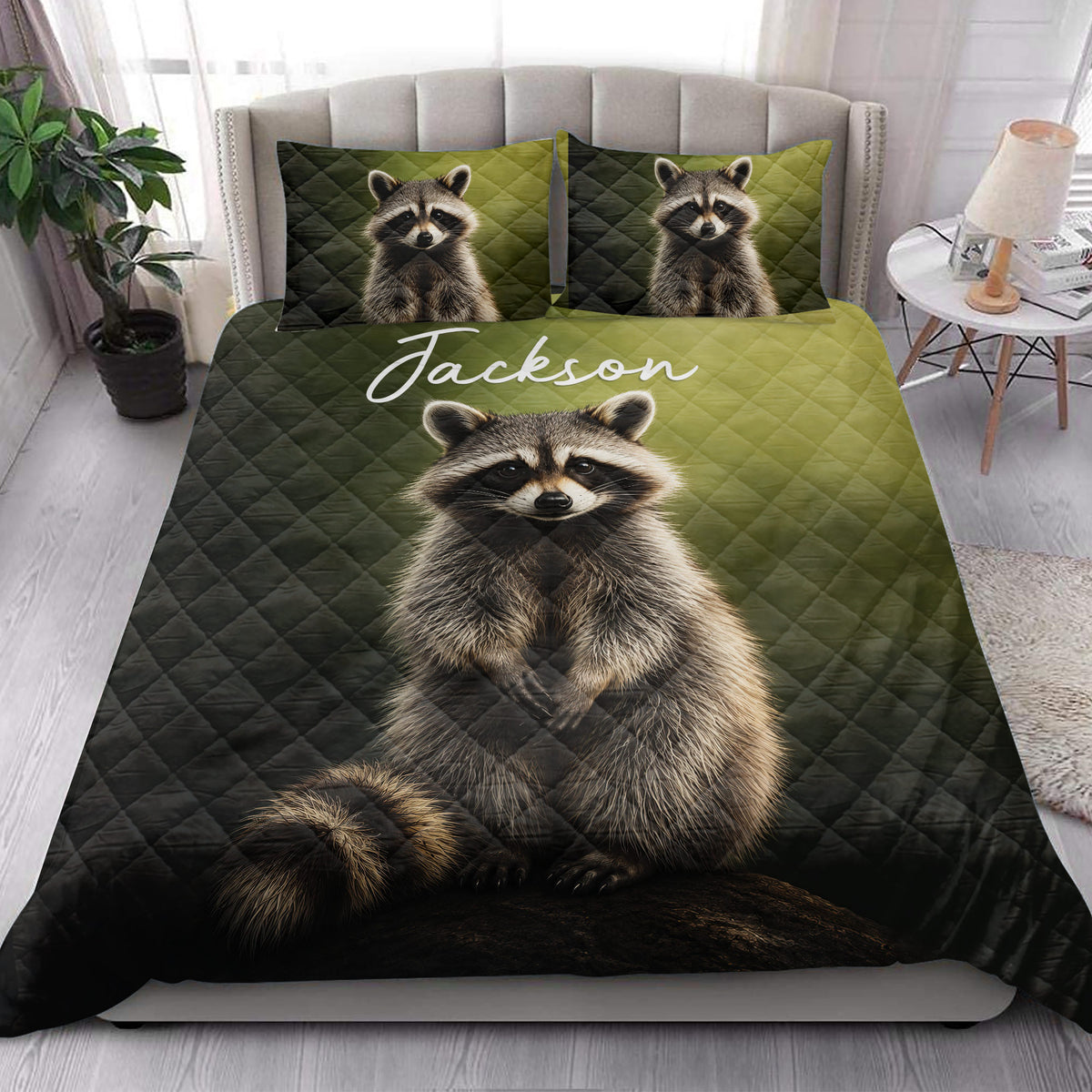 Raccoon quilt bedding set styled in a bright bedroom with a large woodland animal design