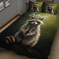 Close bedroom view of a dark green raccoon quilt blanket with matching raccoon pillow designs