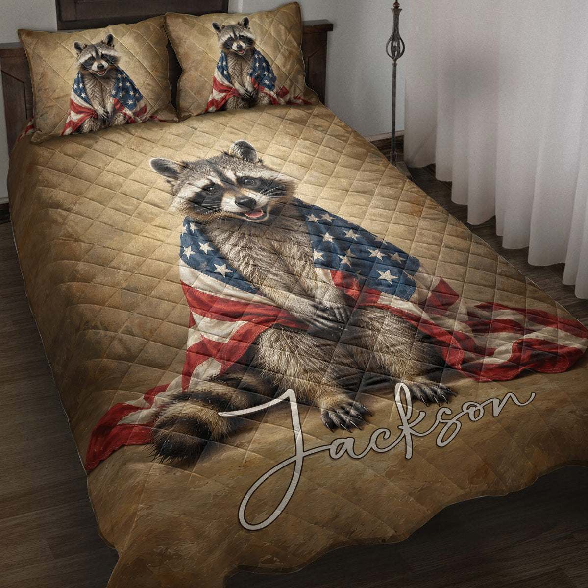 Raccoon quilt blanket displayed on a bed with patriotic flag artwork and matching raccoon pillow designs