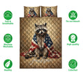 Raccoon quilt bedding set shown with patriotic artwork and product feature icons