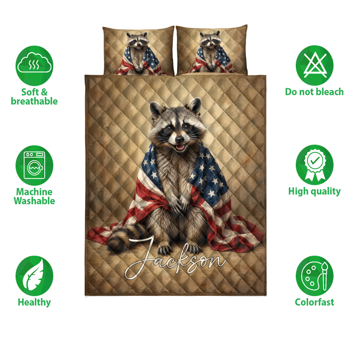 Raccoon quilt bedding set shown with patriotic artwork and product feature icons