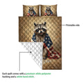 Raccoon quilt blanket showing the printed front and white quilted backing detail