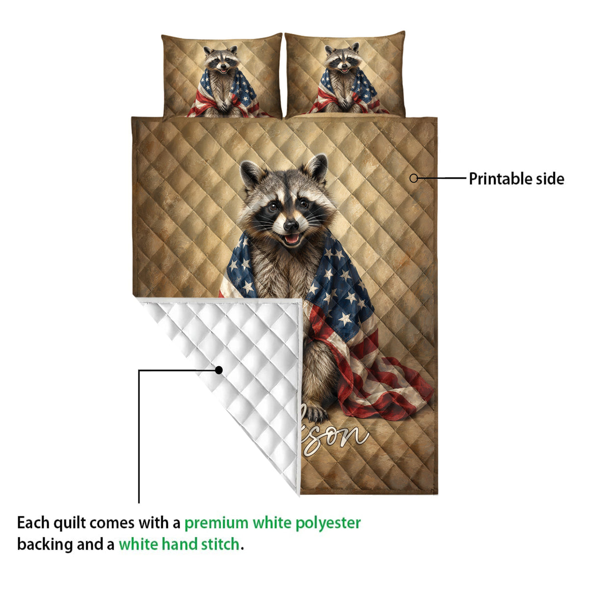 Raccoon quilt blanket showing the printed front and white quilted backing detail