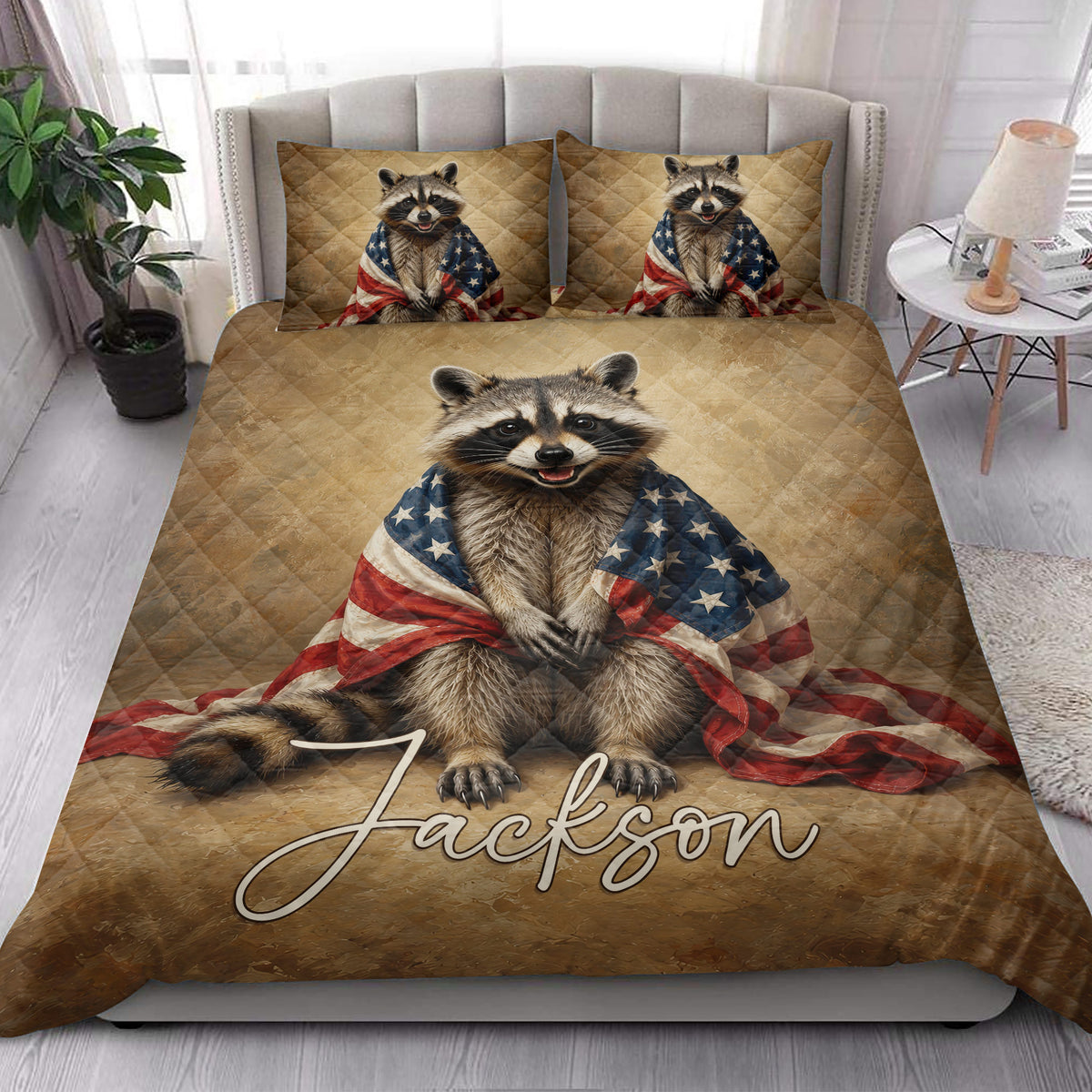 Raccoon quilt bedding styled in a bright bedroom with bold patriotic wildlife artwork