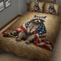 Close bedroom view of a raccoon quilt blanket with American flag colors and wildlife artwork