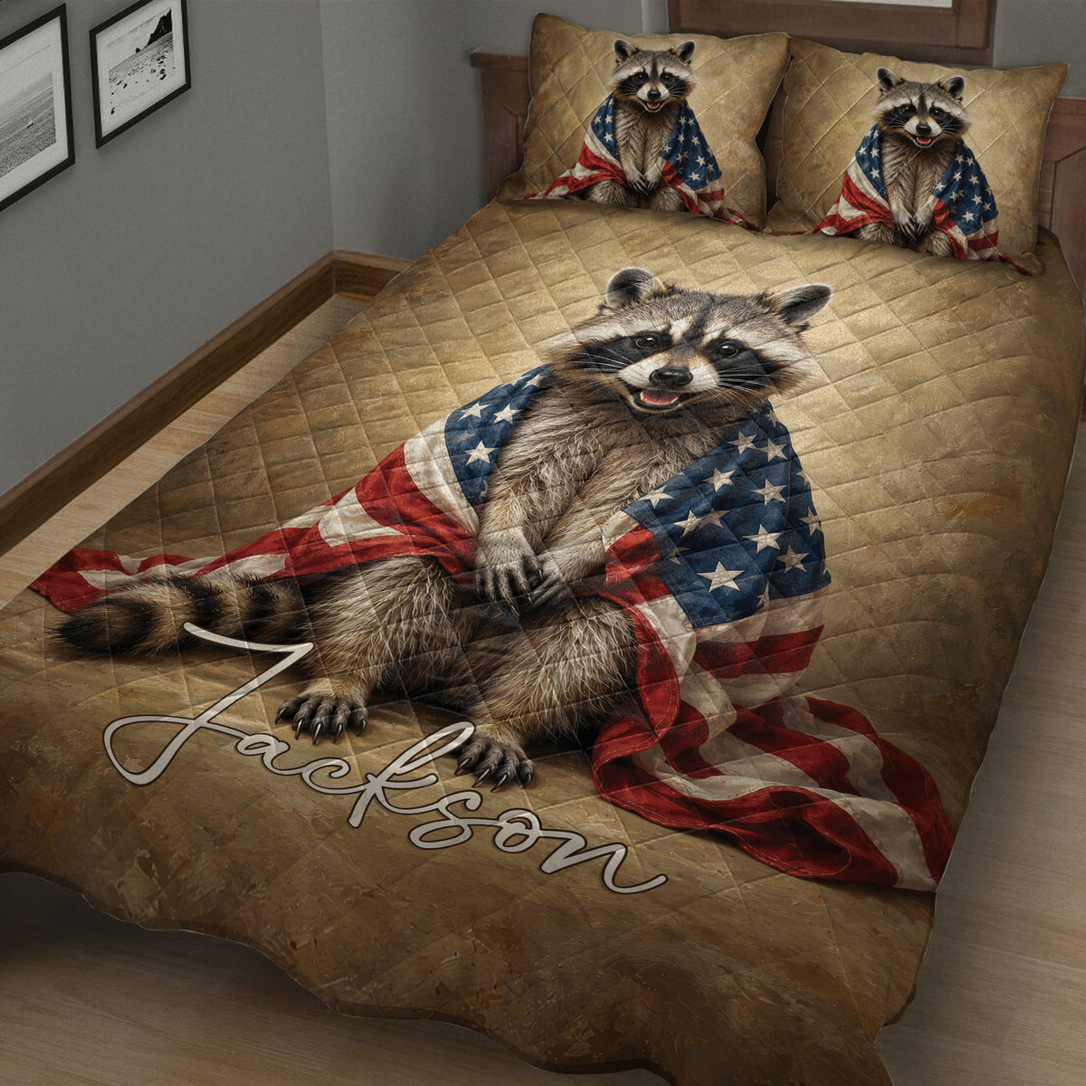 Close bedroom view of a raccoon quilt blanket with American flag colors and wildlife artwork