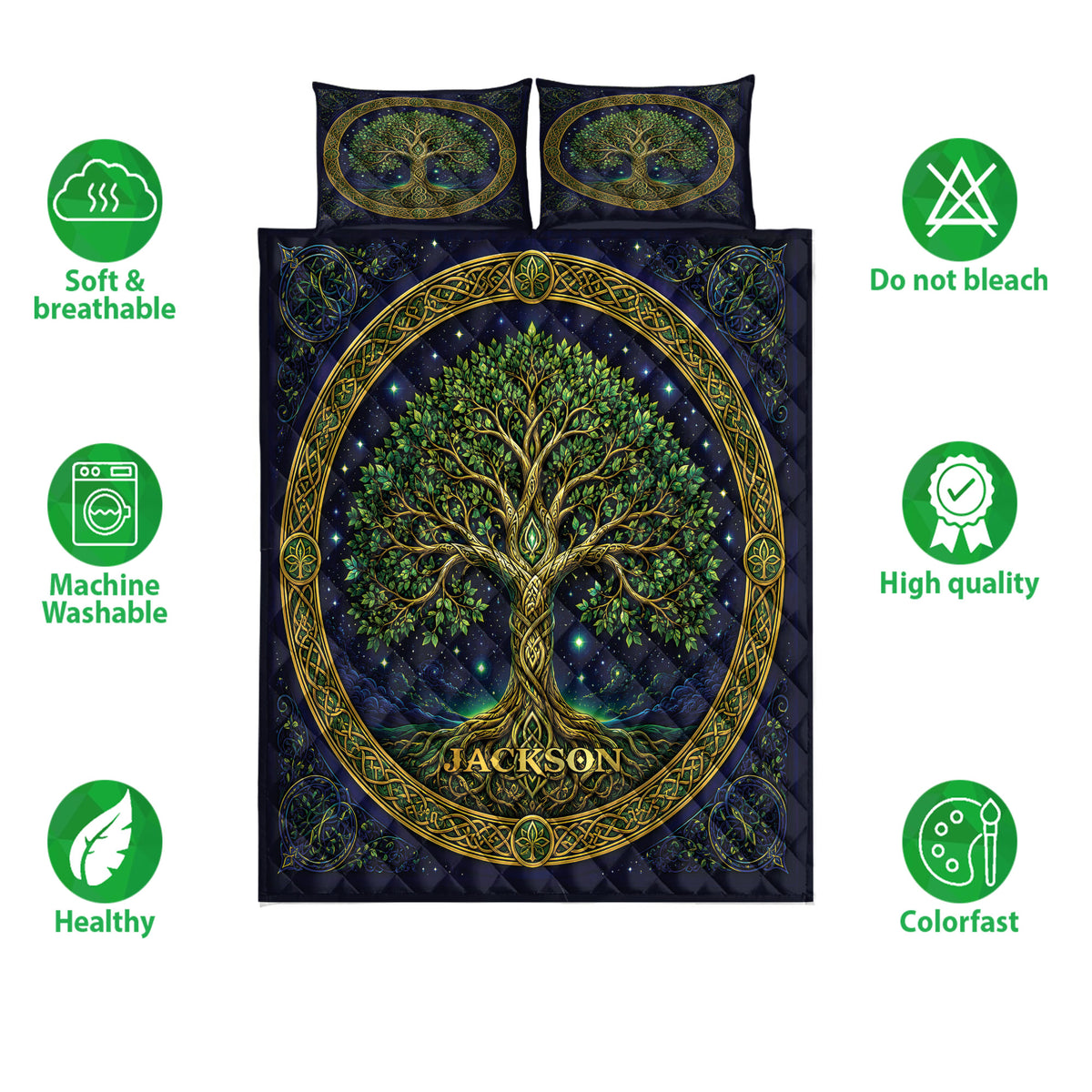 Tree Of Life quilt bedding set shown against a white background with a central leafy tree and dark blue artwork