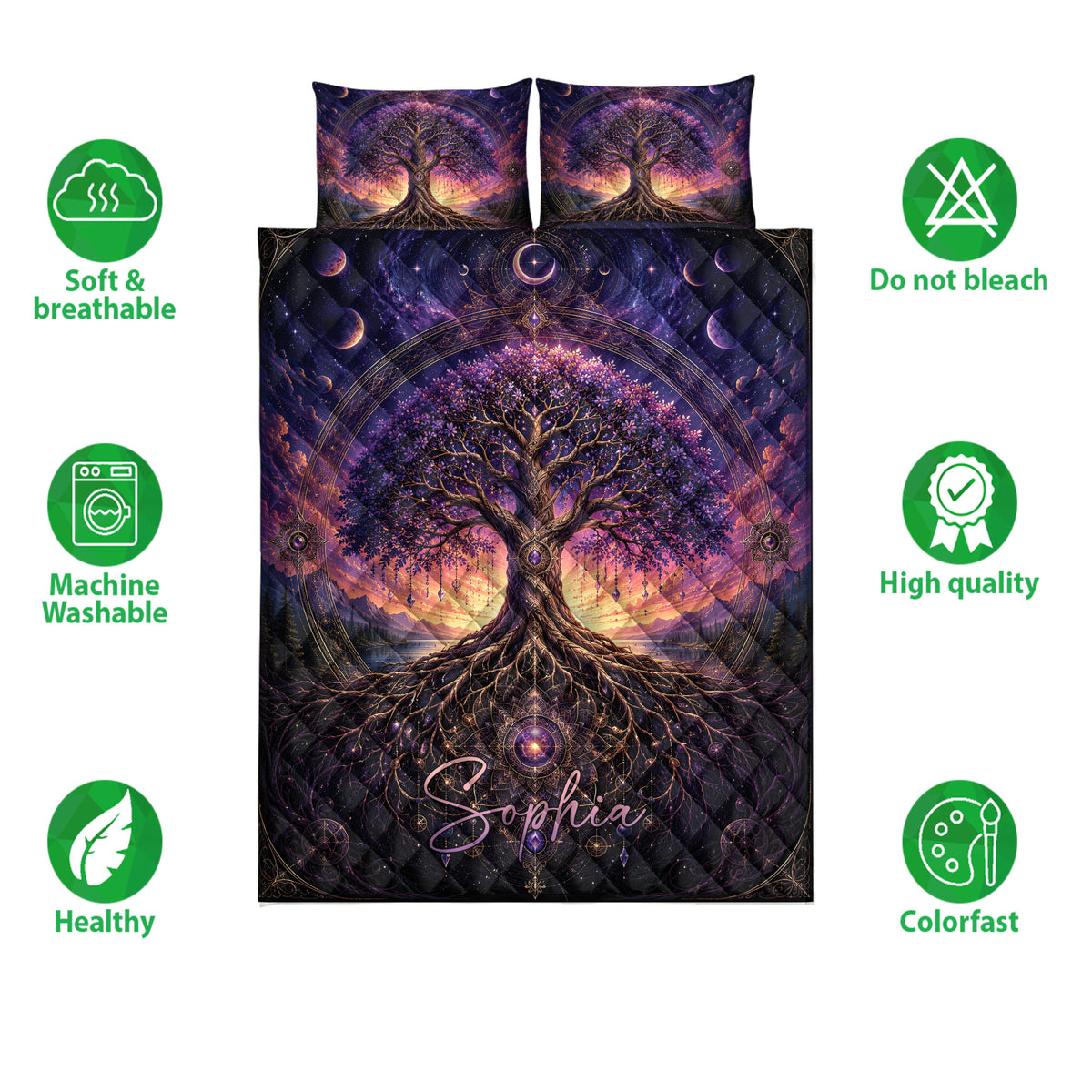 Tree Of Life quilt bedding set shown with purple cosmic artwork and soft breathable design icons