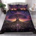 Tree Of Life quilt bedding styled in a bright bedroom with cosmic purple artwork