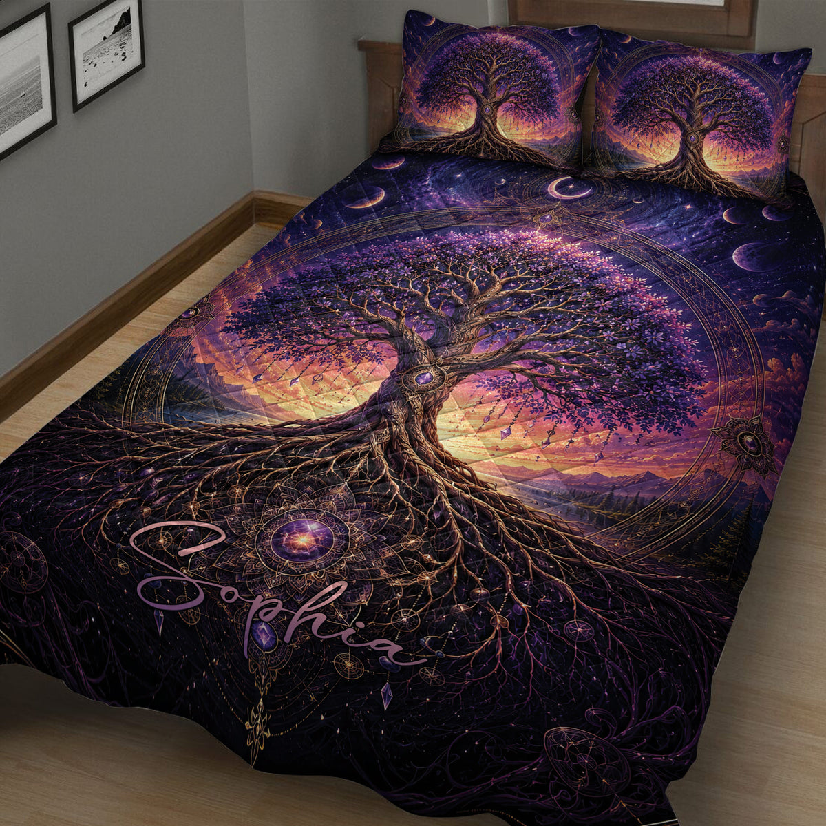 Close view of Tree Of Life quilt blanket with glowing sunset, mountains and celestial details