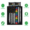 Autism quilt bedding set shown with colorful puzzle artwork, striped accents, and product feature icons