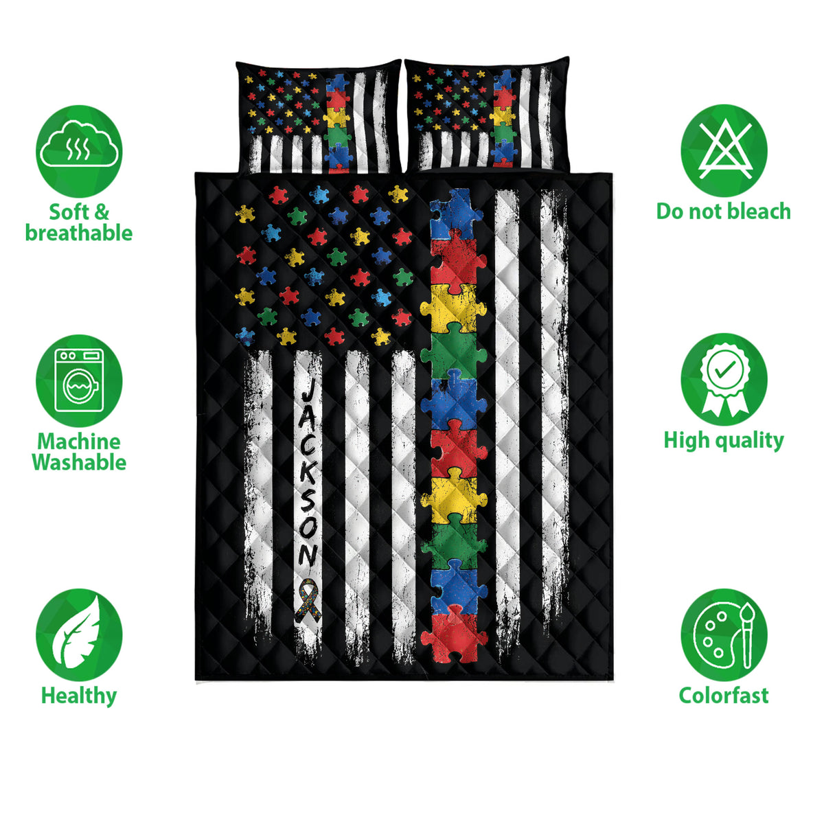 Autism quilt bedding set shown with colorful puzzle artwork, striped accents, and product feature icons