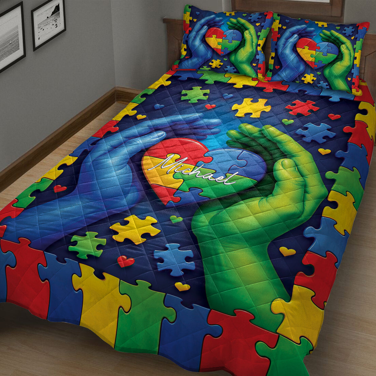 Colorful autism quilt bedding with puzzle pieces, heart details, and supportive hands in a cozy bedroom