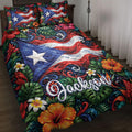 Puerto Rico quilt blanket featuring the national flag, tropical flowers, lush leaves, and colorful island artwork