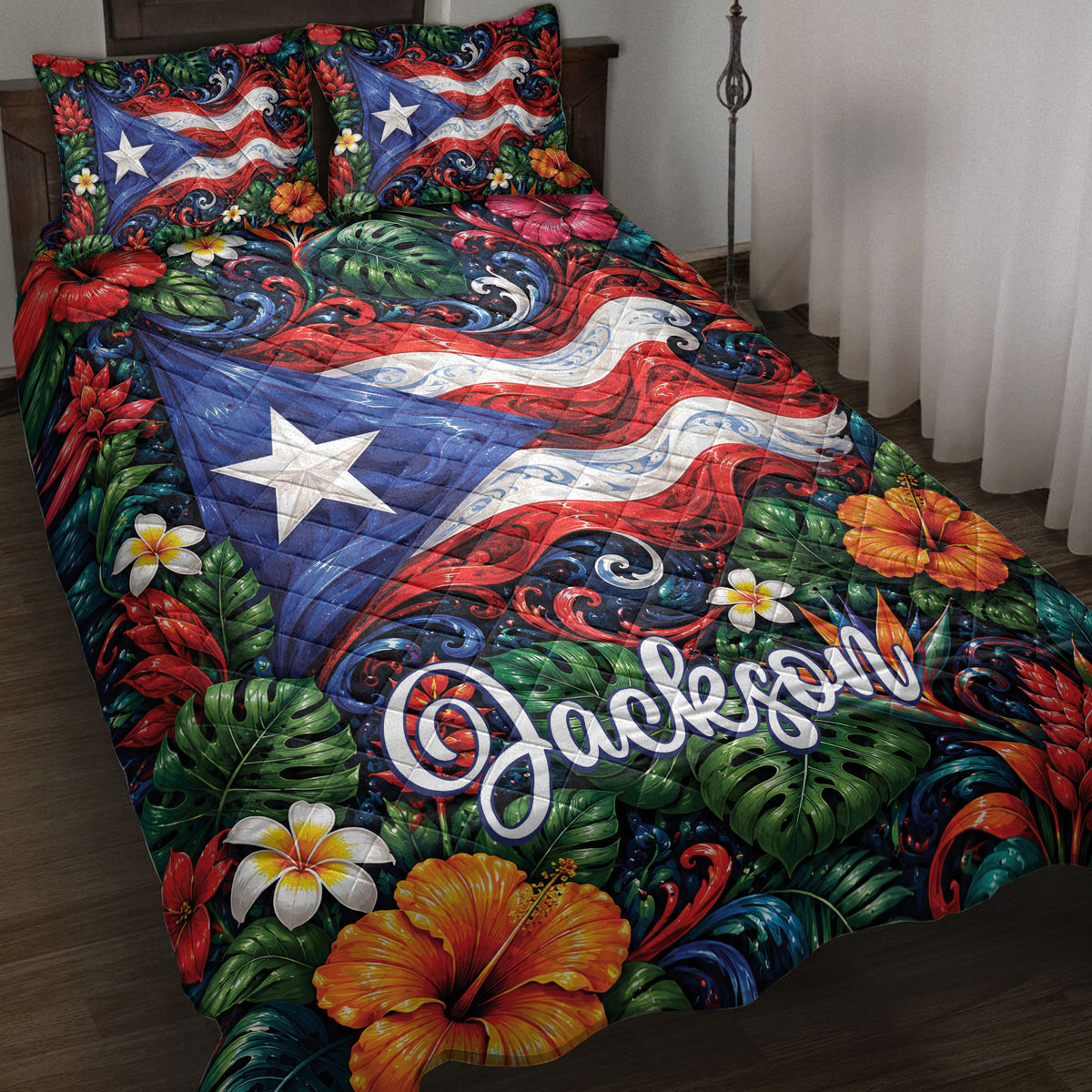 Puerto Rico quilt blanket featuring the national flag, tropical flowers, lush leaves, and colorful island artwork