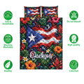 Puerto Rico floral quilt bedding set displayed with product feature icons and vibrant flag-inspired artwork