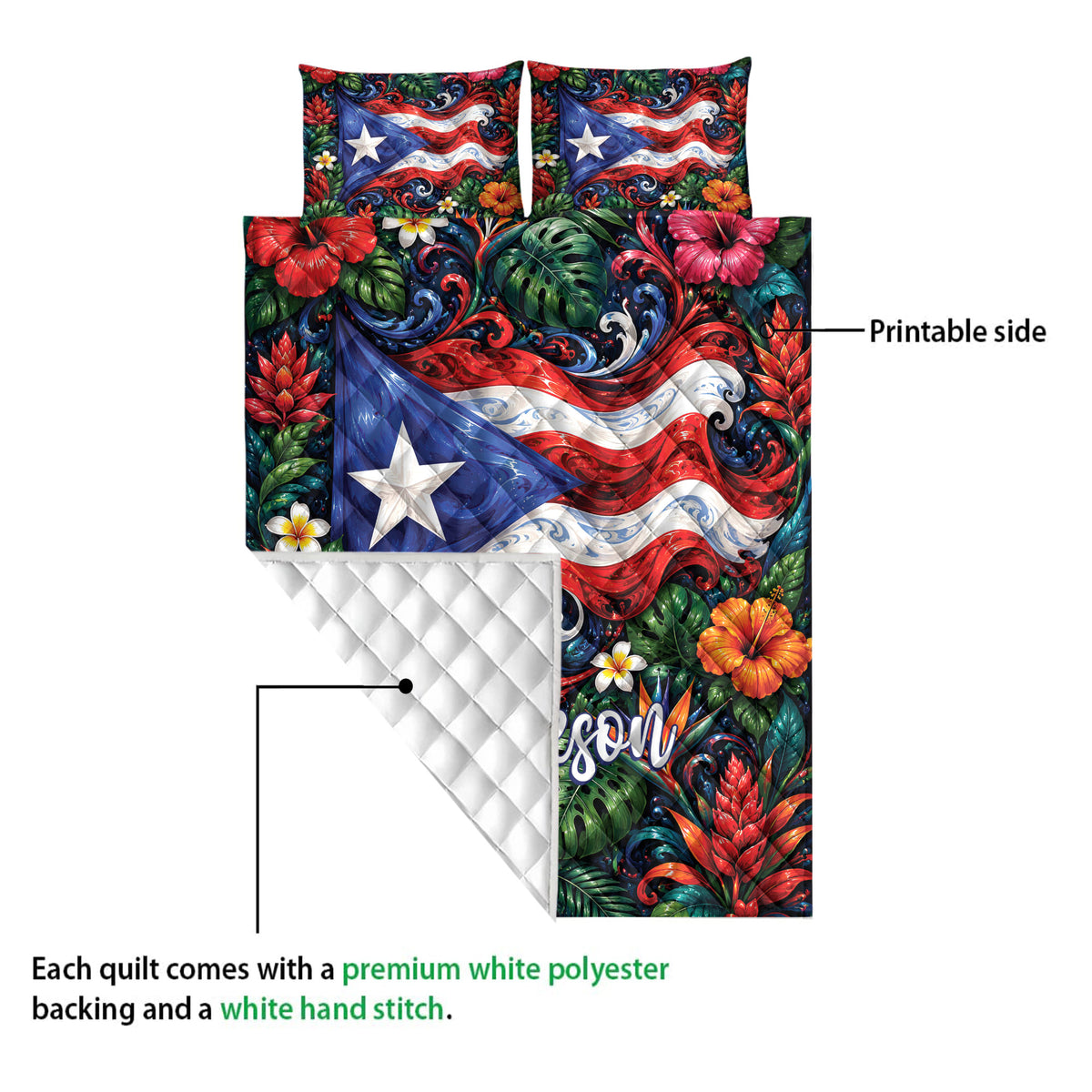 Puerto Rico quilt showing the colorful printed front and white diamond-stitched quilt backing